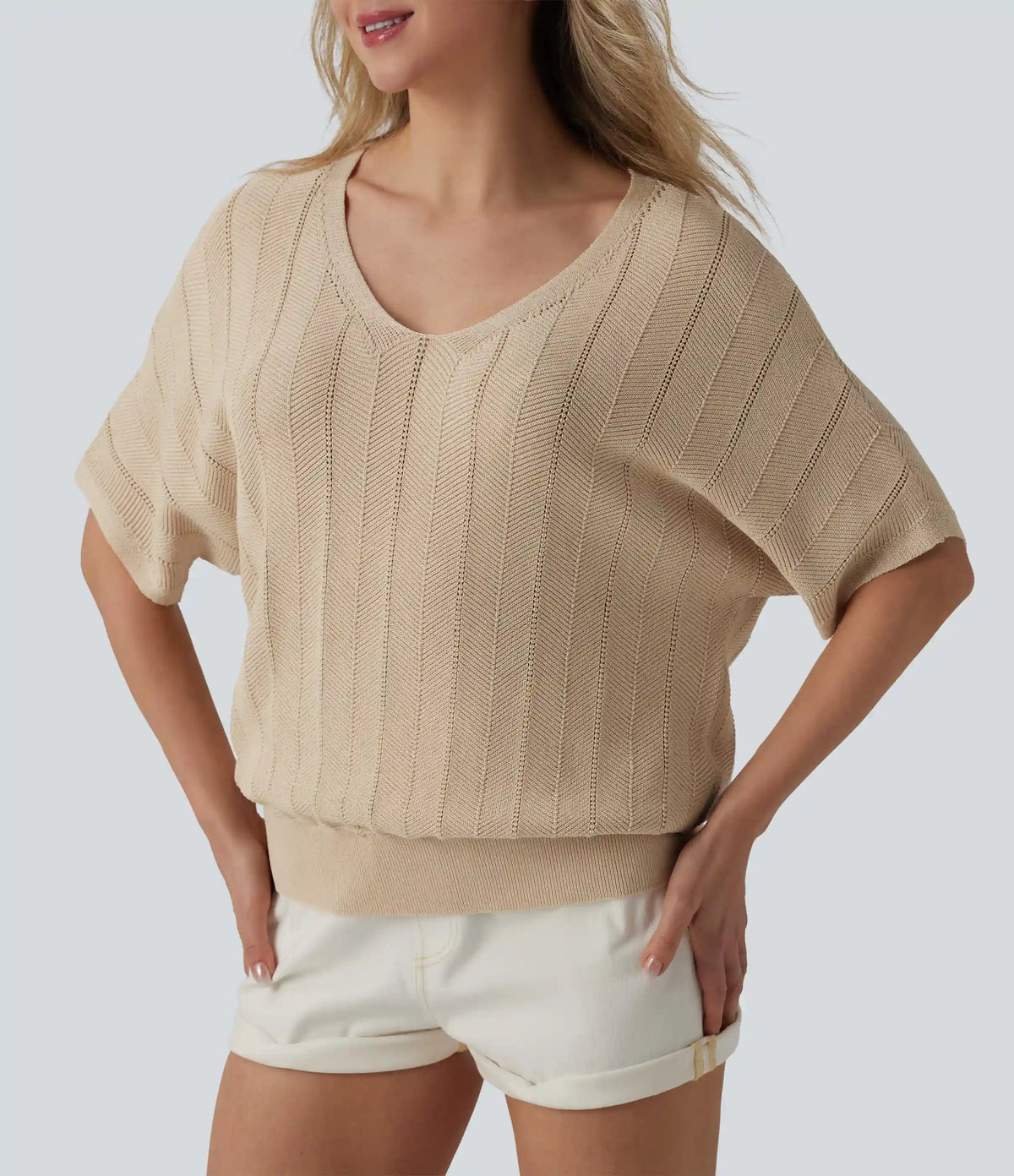 V Neck Short Sleeve Casual Sweater