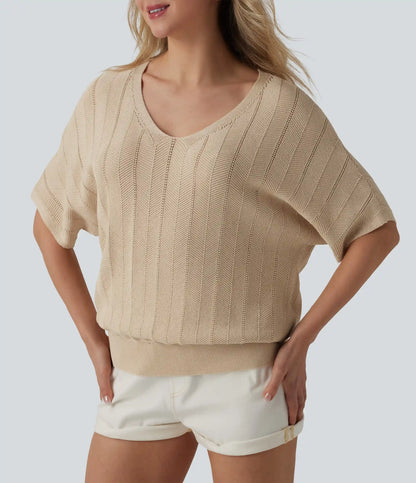 V Neck Short Sleeve Casual Sweater