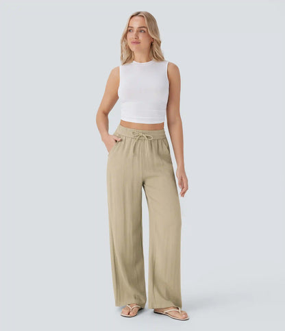High Waisted Drawstring Pocket Wide Leg Baggy Casual Linen-Feel Pants