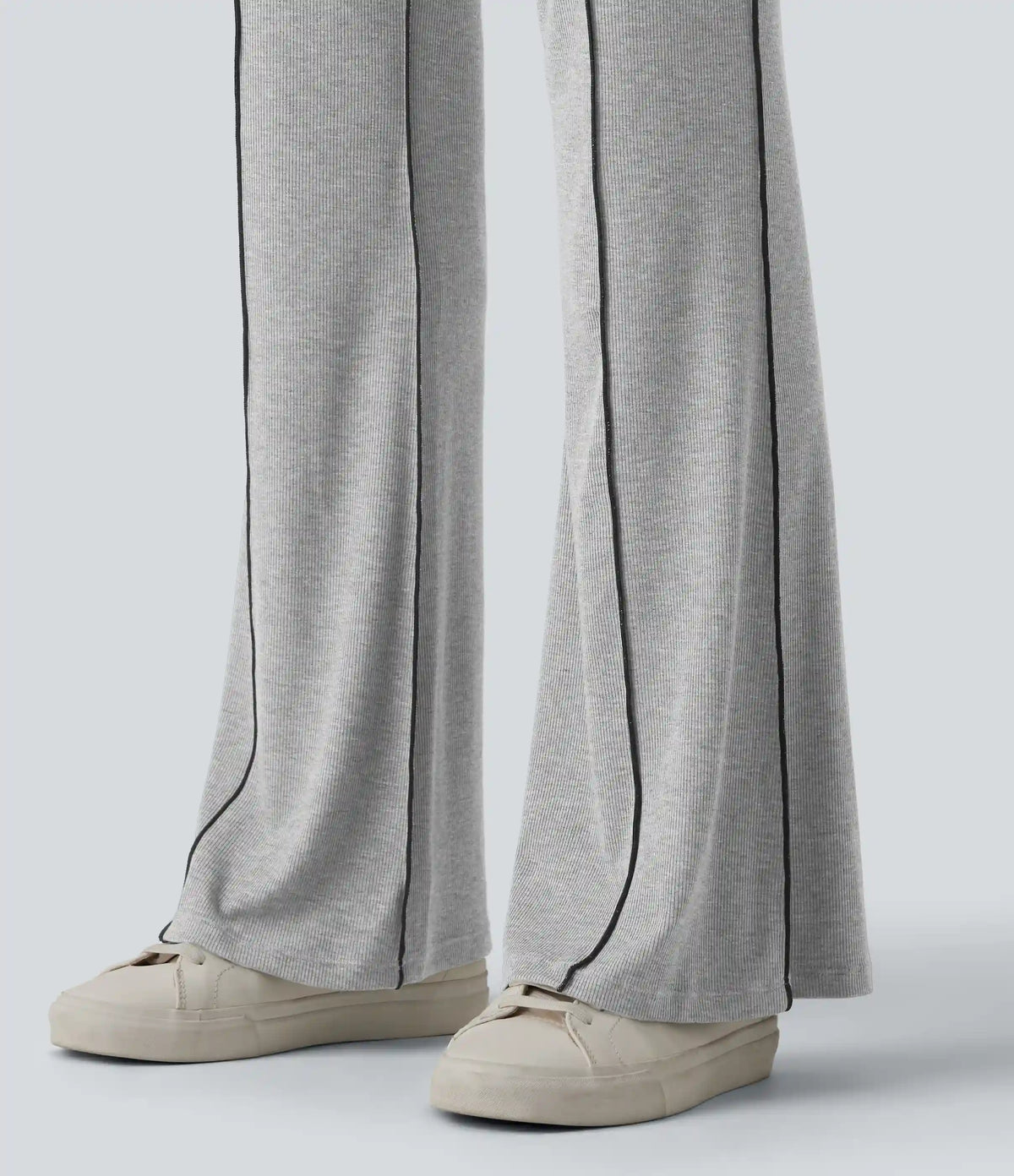 High Stretch Ribbed Knit High Waisted Color Block Top-stitching Casual Flare Leggings with Pockets
