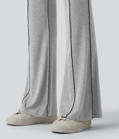 High Stretch Ribbed Knit High Waisted Color Block Top-stitching Casual Flare Leggings with Pockets