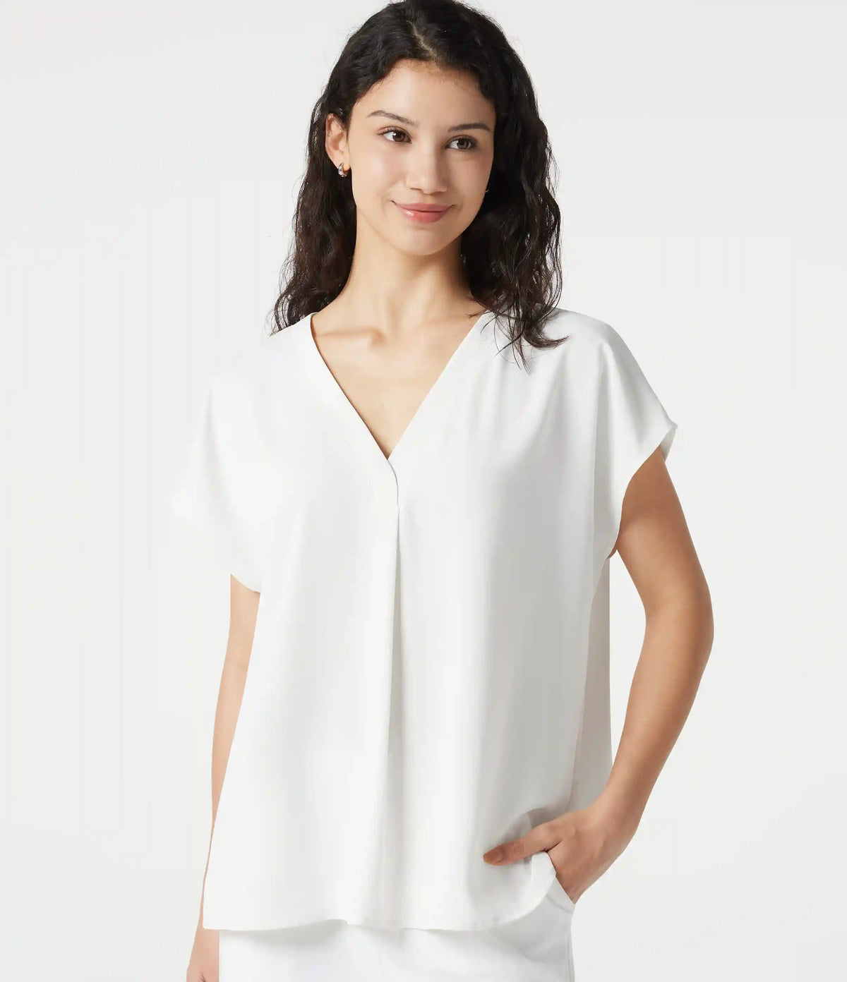 Wrinkle Recovery V-neck Short Sleeve Oversized Work Blouse