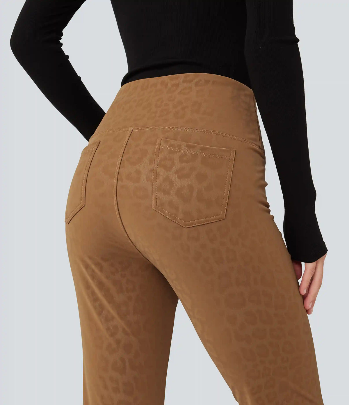 High Waisted Tummy Control Stretchy PU Leopard Print Fleece Casual Leggings with Pockets