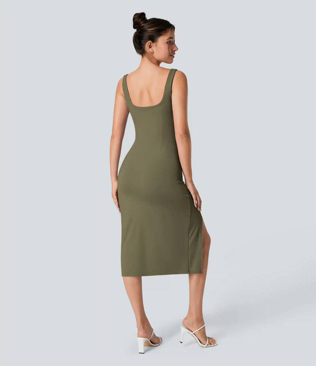 SoftlyZero™ Airy Square Neck Backless Corset Ruched Split Bodycon Midi InstantCool Bridesmaid and Wedding Guest Dress