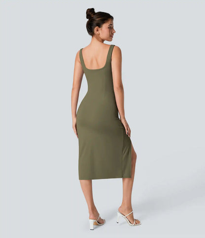 SoftlyZero™ Airy Square Neck Backless Corset Ruched Split Bodycon Midi InstantCool Bridesmaid and Wedding Guest Dress