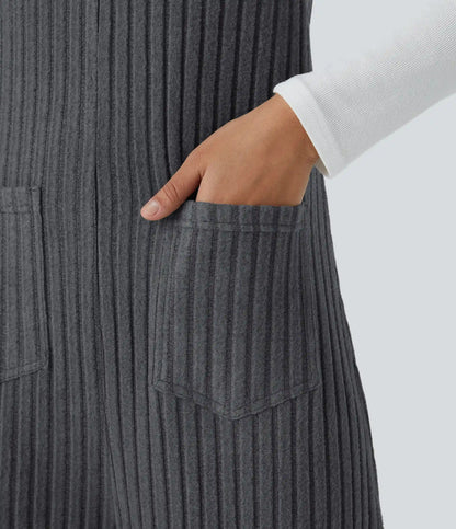 Ribbed Knit Pockets Casual Overalls