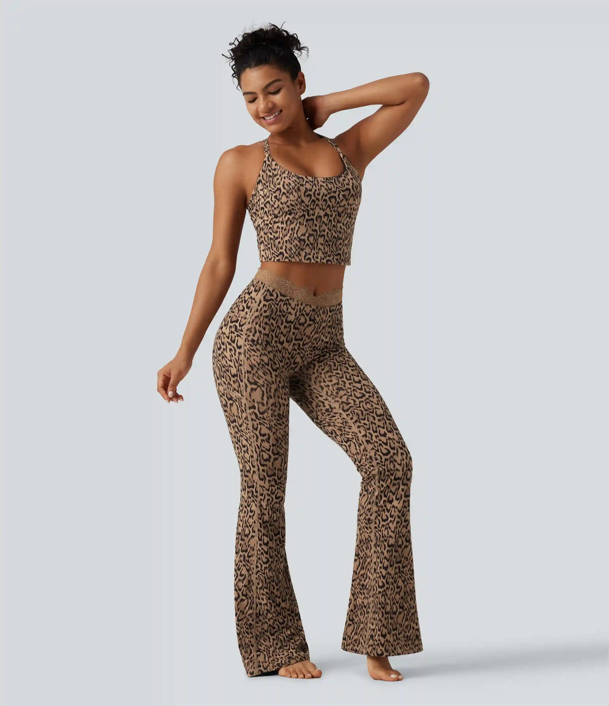 Halara UltraSculpt™ Leopard Print V-Shaped High Waisted Contrast Lace Yoga Flare Leggings with Pockets