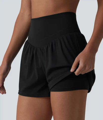 SoftlyZero™ Airy High Waisted Crossover Back 2-in-1 InstantCool Yoga Shorts with Pocket