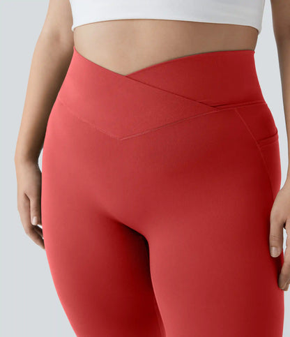 SoftlyZero™ High Waisted Crossover Pocket Plain Plus Size Full Length Leggings