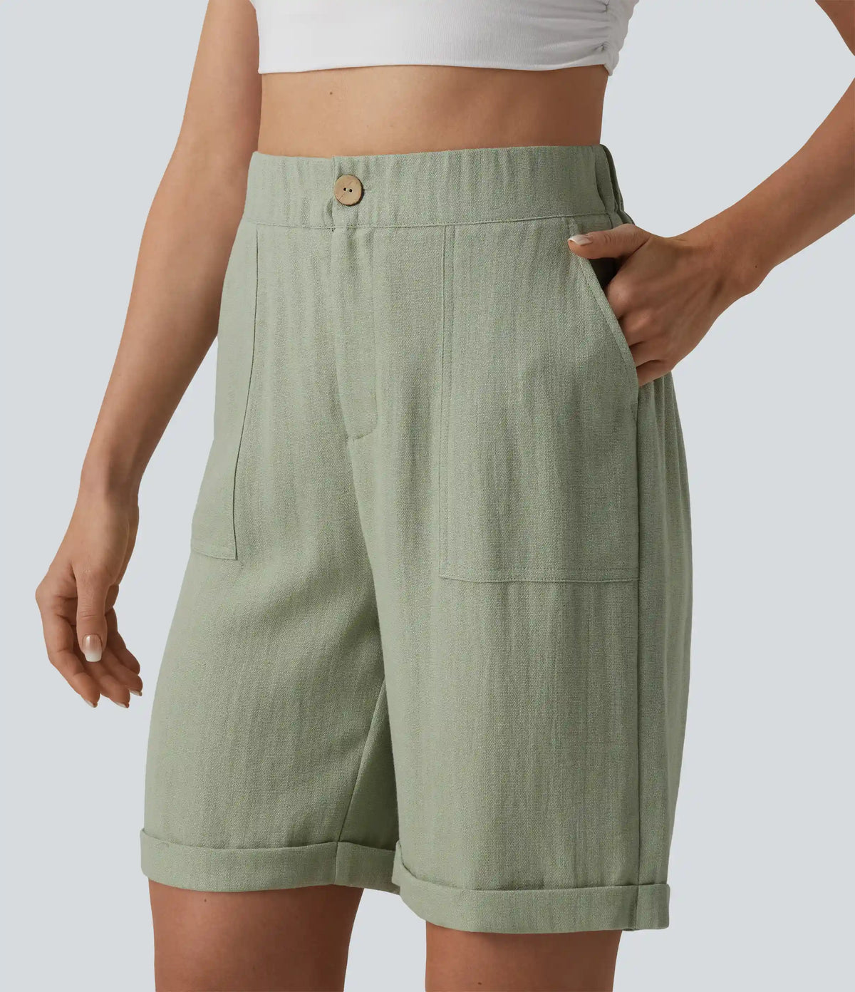 High Waisted Rolled Hem Linen-Feel Casual Bermuda Shorts with Pockets