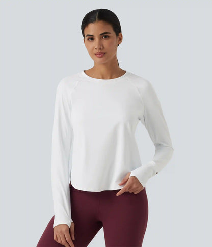 SoftlyZero™ Airy Quick Dry Round Neck Raglan Long Sleeve Mesh Back Crossover Yoga Sports Top with Thumb Holes