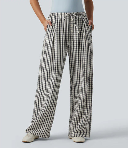 Mid Rise Drawsting Wide Leg Plaid Casual Pants with Pockets