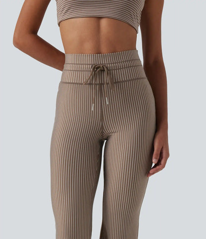 High Waisted Drawstring Stripe Flare Yoga Pants with Pockets