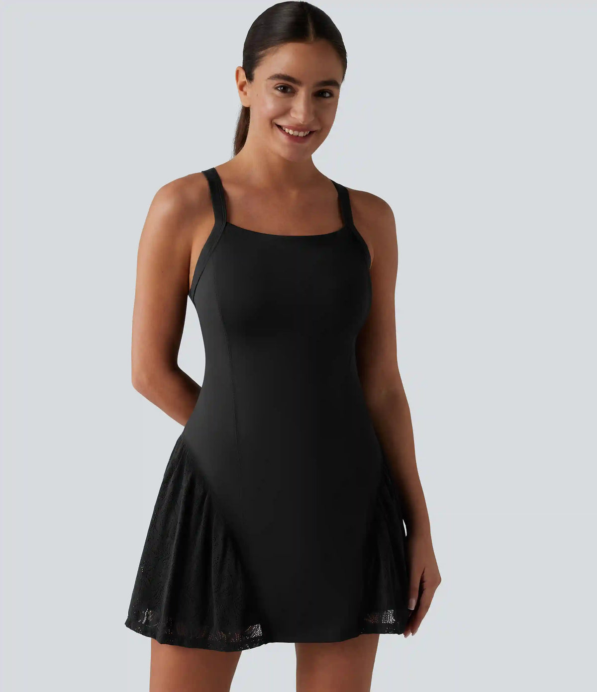 SoftlyZero™ Airy Crisscross Back Contrast Lace Built-in Bra InstantCool Tennis Active Dress with Pockets-Easy Peezy