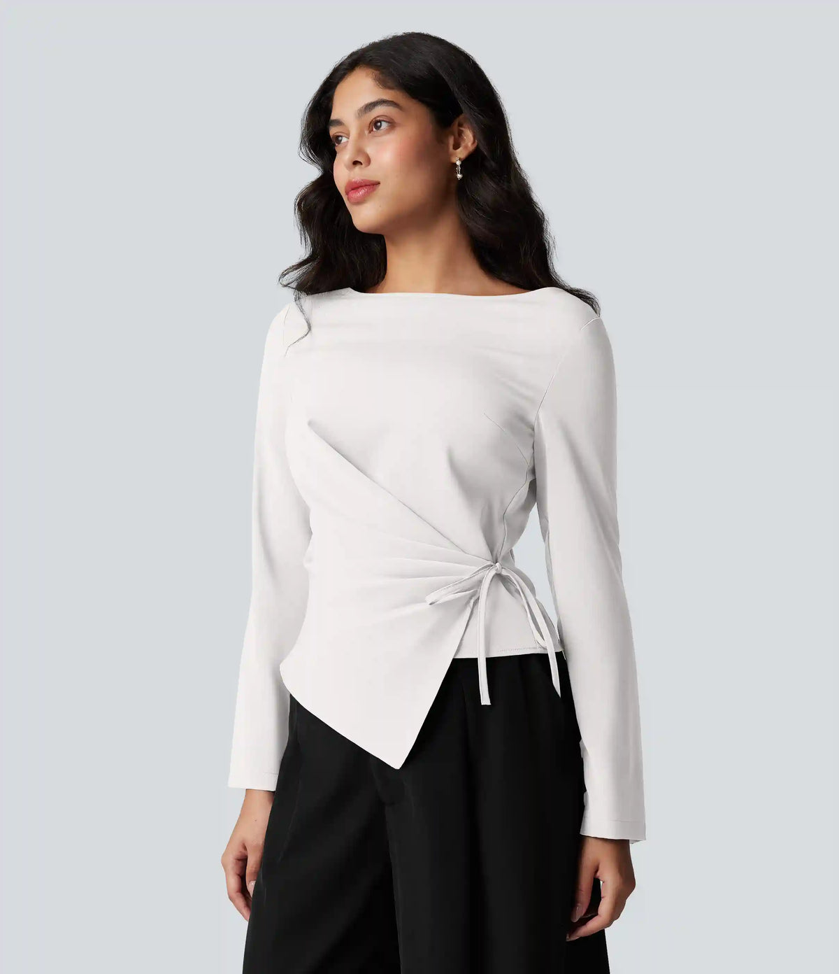 Wrinkle Recovery Boat Neck Long Sleeve Ruched Tie Work Blouse