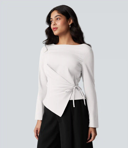 Wrinkle Recovery Boat Neck Long Sleeve Ruched Tie Work Blouse