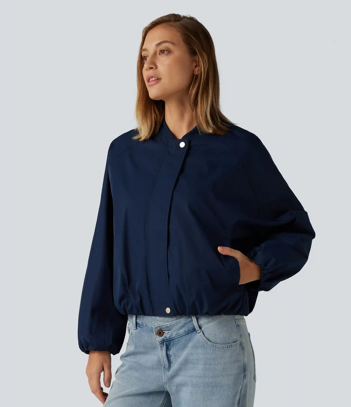 Round Neck Long Sleeve Casual Bomber Jacket with Pockets