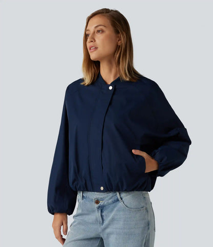 Round Neck Long Sleeve Casual Bomber Jacket with Pockets