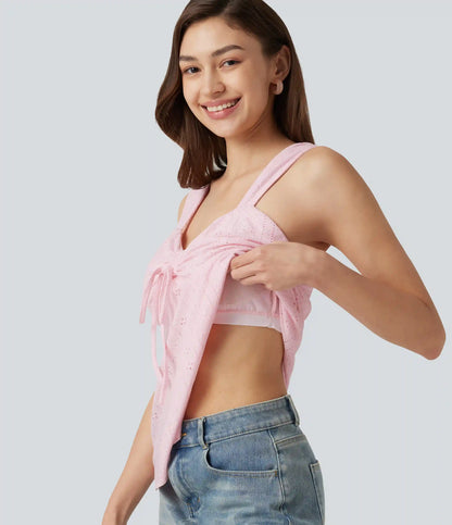 Ruched Drawstring Built-in Bra Eyelet Casual Tank Top