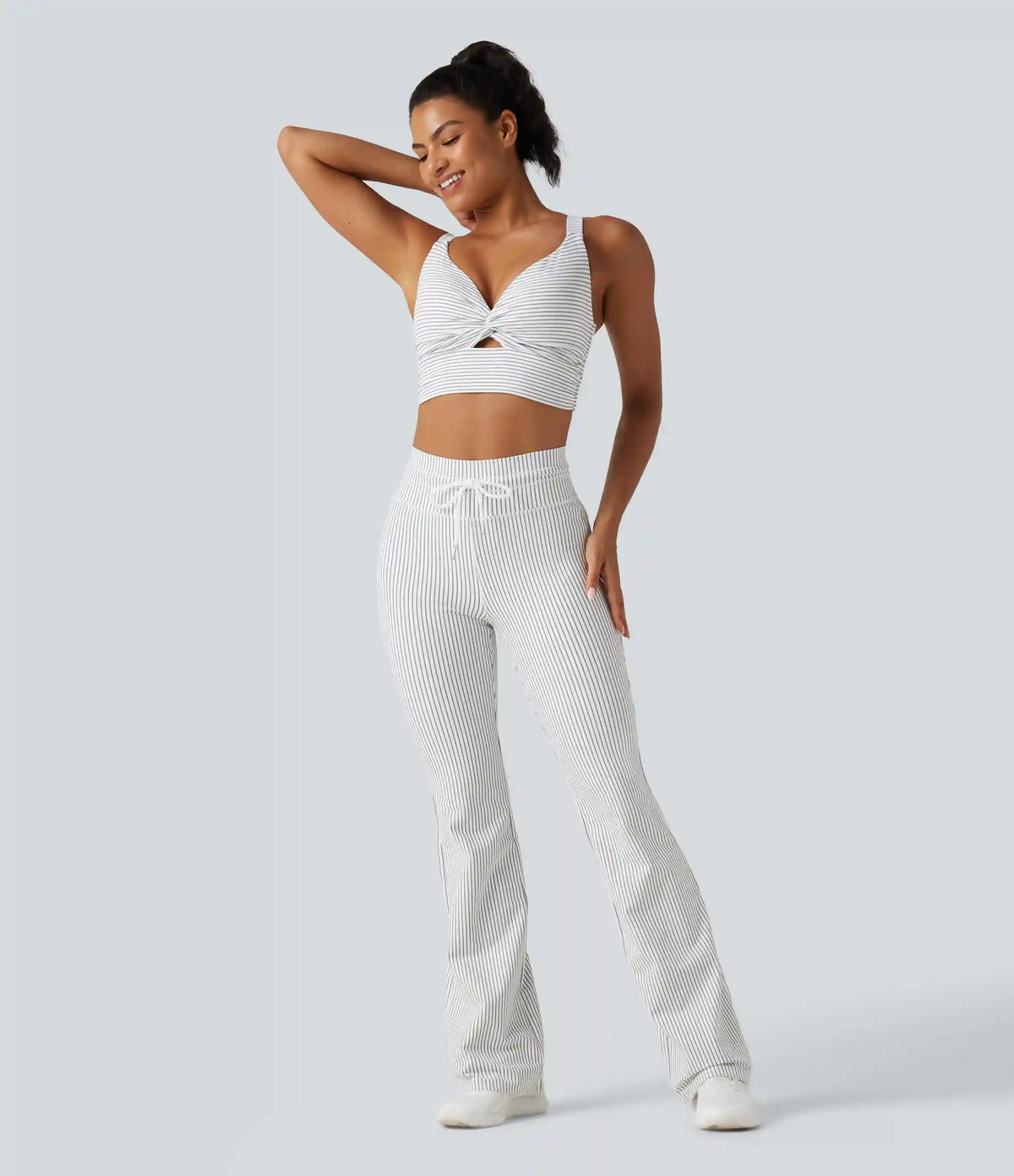 High Waisted Drawstring Stripe Flare Yoga Pants with Pockets