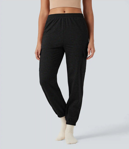 Mid Rise Quick Dry Heathered Lounge Cargo Joggers with Pockets-UPF40+