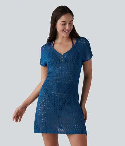 V-neck Short Sleeve Hollow Out Mini Resort Cover Up Dress