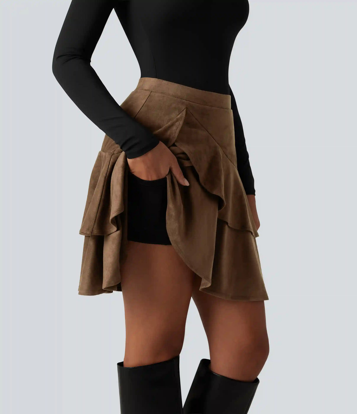 High Waisted Tiered Ruffle Hem 2-in-1 Longer Mini Suede Casual Skirt with Pocket