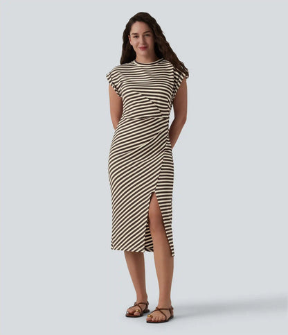 Round Neck Short Sleeve Asymmetrical Split Hem Stripes Waffle Casual Midi T-Shirt Dress