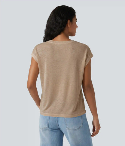 Semi Sheer Notched Short Sleeve Casual T-Shirt
