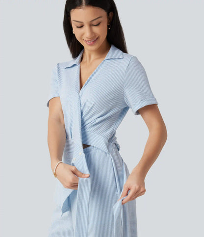 Short Sleeve Wrapped Tie Back Stripe Crinkle Cotton Casual Shirt Jumpsuit with Pockets-Easy Peezy Edition