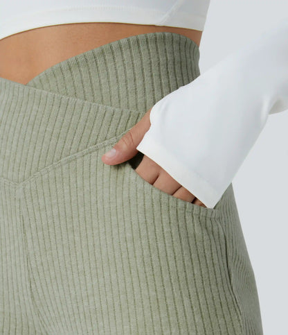 Ribbed Knit Crossover High Waisted Pocket Casual Flare Pants