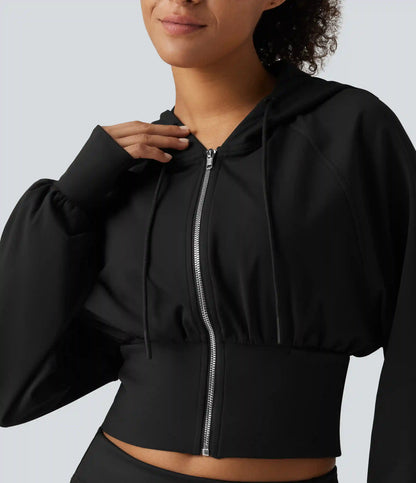 Hooded Raglan Sleeve Cropped Yoga Jacket with Hidden Pocket and Thumb Holes
