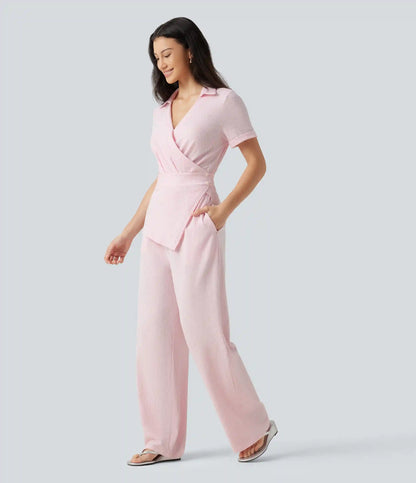 Short Sleeve Wrapped Tie Back Stripe Crinkle Cotton Casual Shirt Jumpsuit with Pockets-Easy Peezy Edition