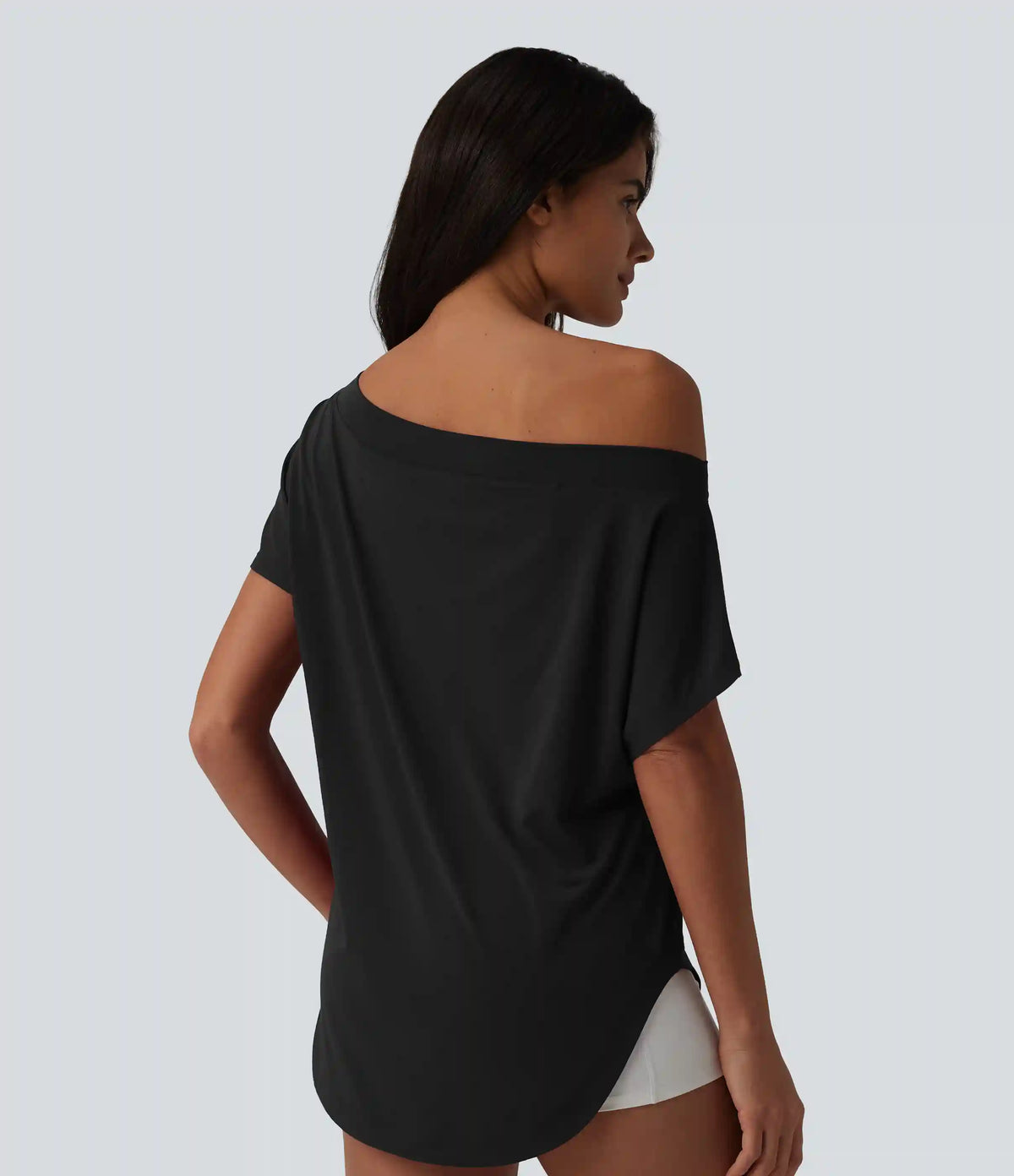 One Shoulder Short Sleeve Curved Hem High Low Quick Dry Yoga Sports Top-Built-in Bra