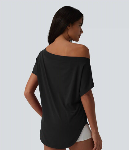 One Shoulder Short Sleeve Curved Hem High Low Quick Dry Yoga Sports Top-Built-in Bra