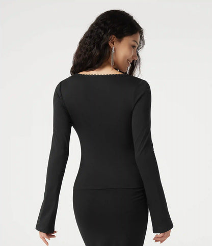 V Neck Lace Long Sleeve Top
