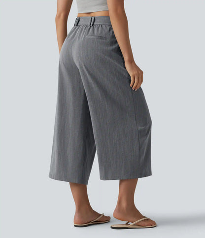 High Waisted Belted Linen-Feel Casual Cropped Baggy Pants with Pockets