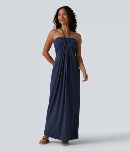 Halter Tie Back Built-in Bra Maxi Dress with Pockets