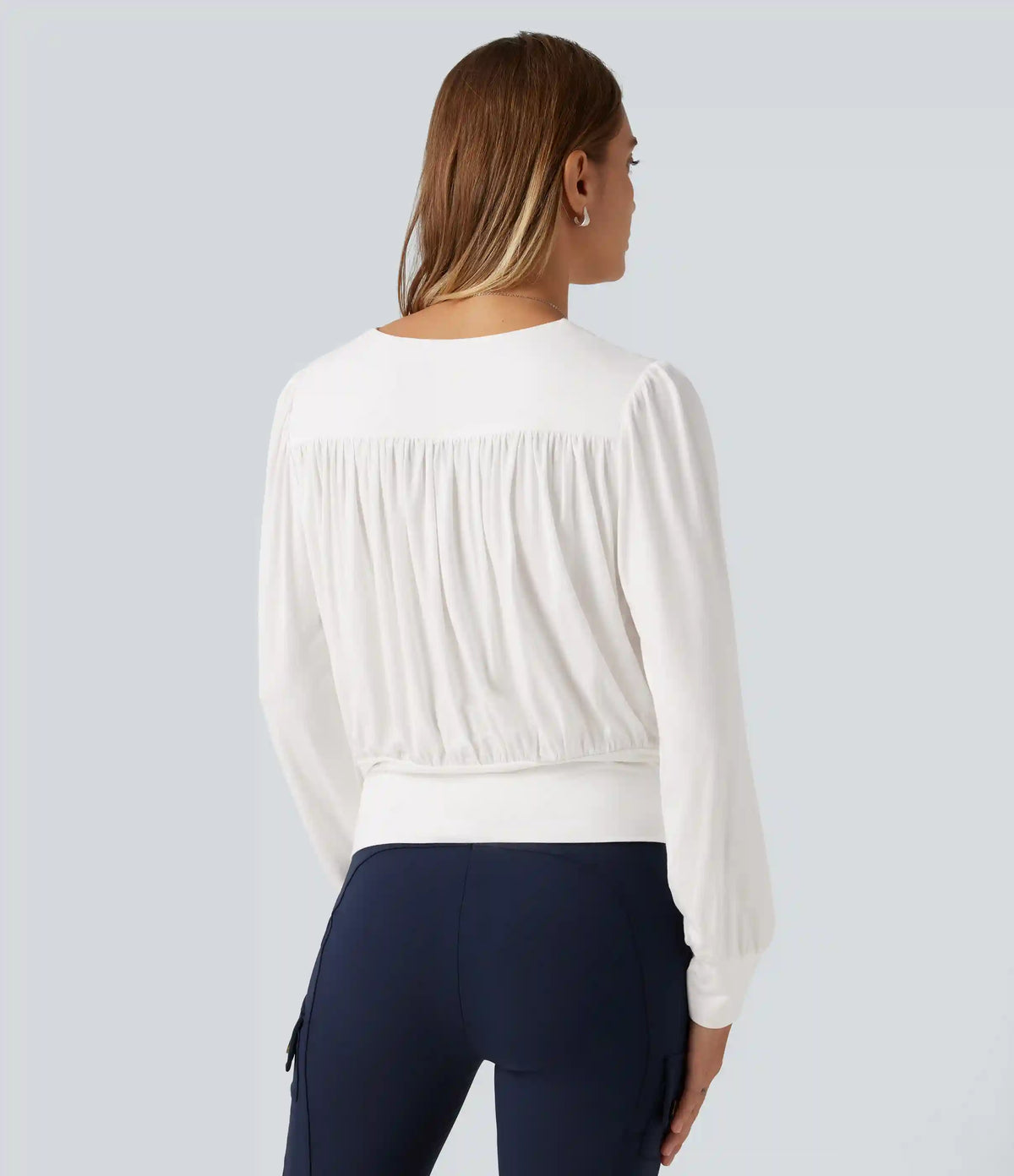 V Neck Long Sleeve Ruched Casual Top