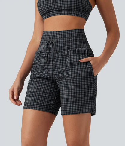 Halara UltraSculpt™ Plaid Ultra High-Waist Drawstring 2-in-1 Yoga Shorts 7" with Pockets