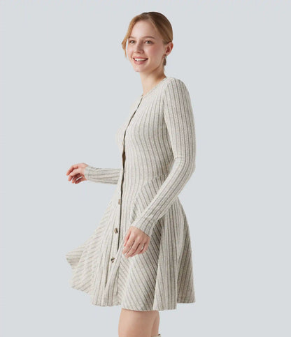 Ribbed Knit Round Neck Long Sleeve Flare Mini Casual Dress