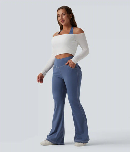 Mid Rise Crossover Super Flare Casual Leggings with Pockets