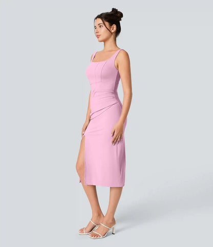 SoftlyZero™ Airy Square Neck Backless Corset Ruched Split Bodycon Midi InstantCool Bridesmaid and Wedding Guest Dress
