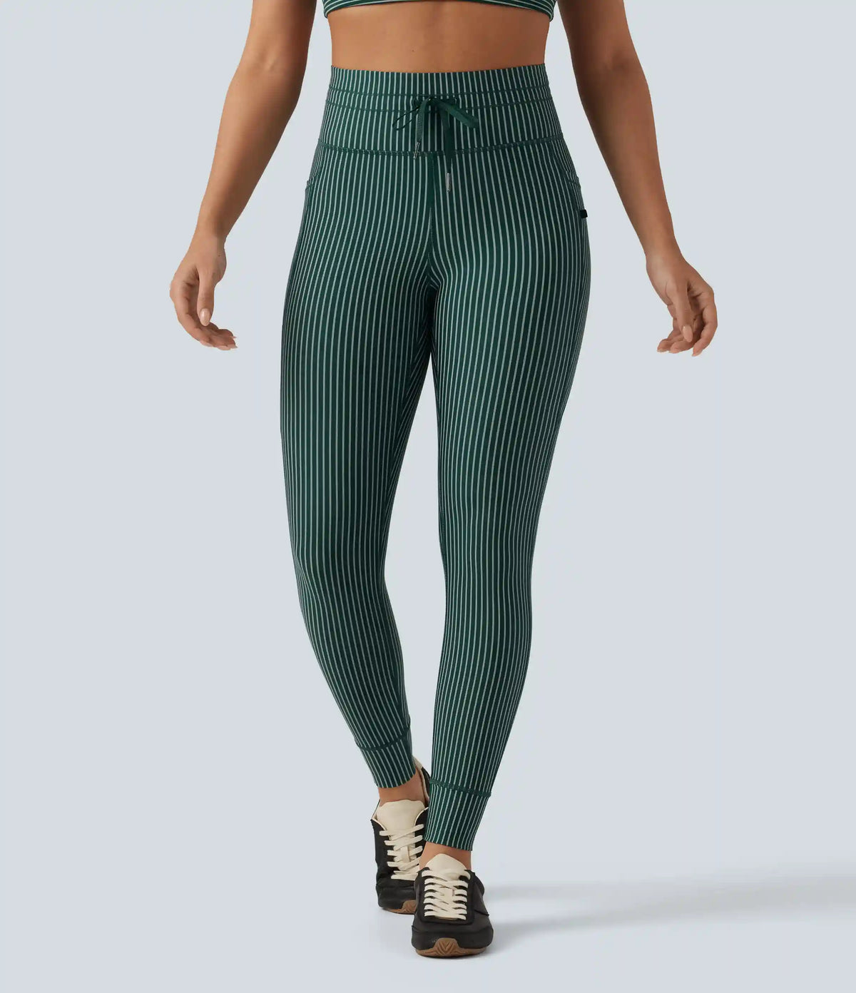 High Waisted Drawstring Stripe Yoga Leggings with Pockets