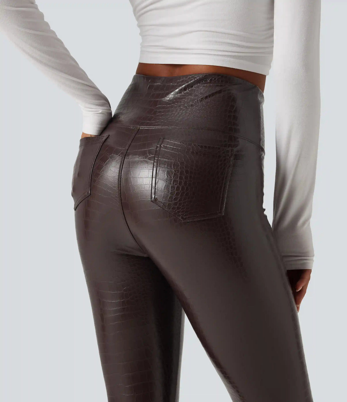 High Waisted Tummy Control Snakeskin Print Stretchy PU Fleece Skinny Casual Leggings with Pockets