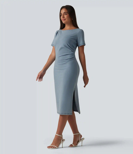 Halara Flex™ Denim Boat Neck Short Sleeve Ruched Split Midi Casual Dress