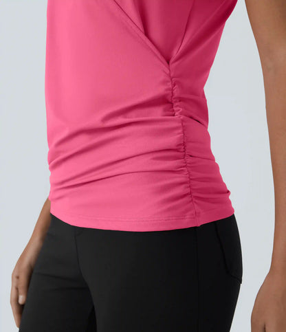 V Neck Cap Sleeve Crossover Ruched Solid Work Blouse