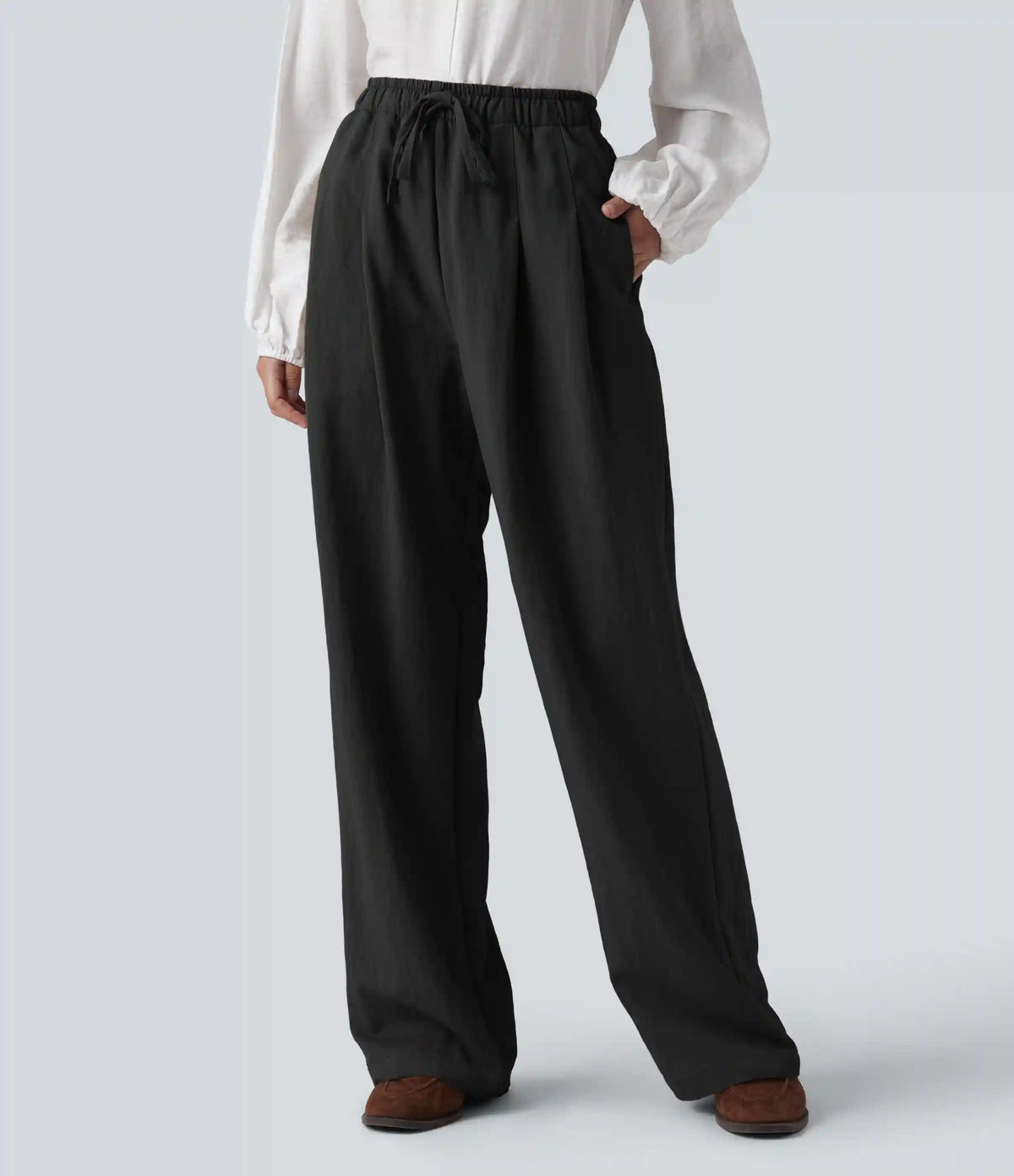 High Waisted Drawstring Straight Leg Work Pants with Pockets