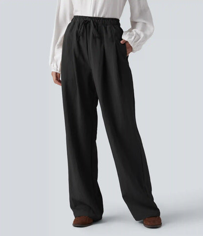High Waisted Drawstring Straight Leg Work Pants with Pockets