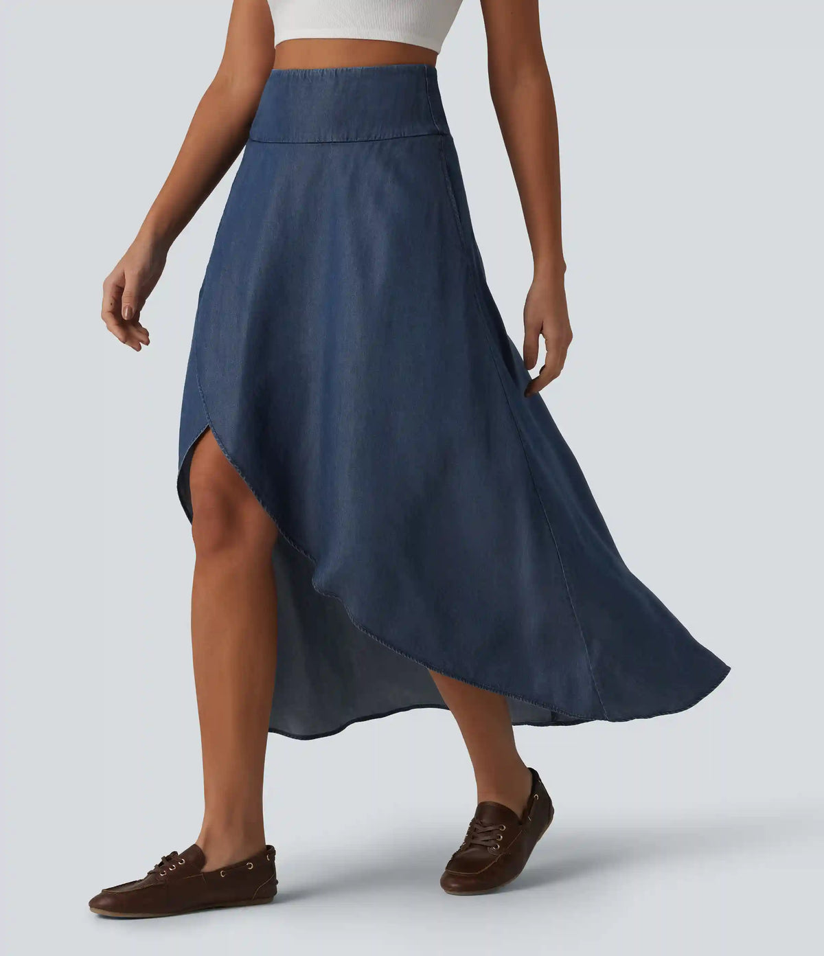 High Waisted Invisible Zipper Asymmetric Hem Midi Draped Lyocell Denim Casual Flowy Skirt with Pockets